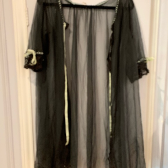 Gorgeous Vintage Peignoir set black with light lime ribbons, sheer slip dress. - Picture 4 of 9